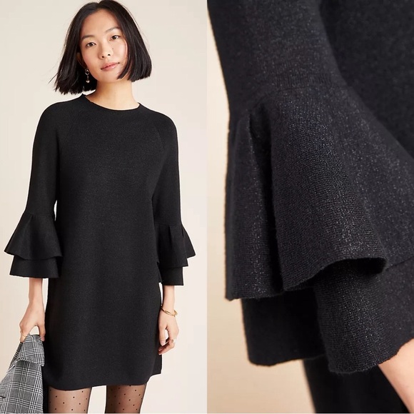Anthropologie • Claudette Ruffled Sweater Dress mini black sparkly glitter knit - Picture 1 of 12